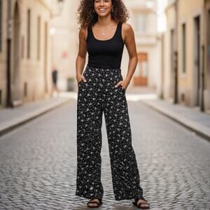 Vintage 80s Wide Leg Floral Palazzo Pants Black Sz 10 Gypsy Cottage Lagenlook